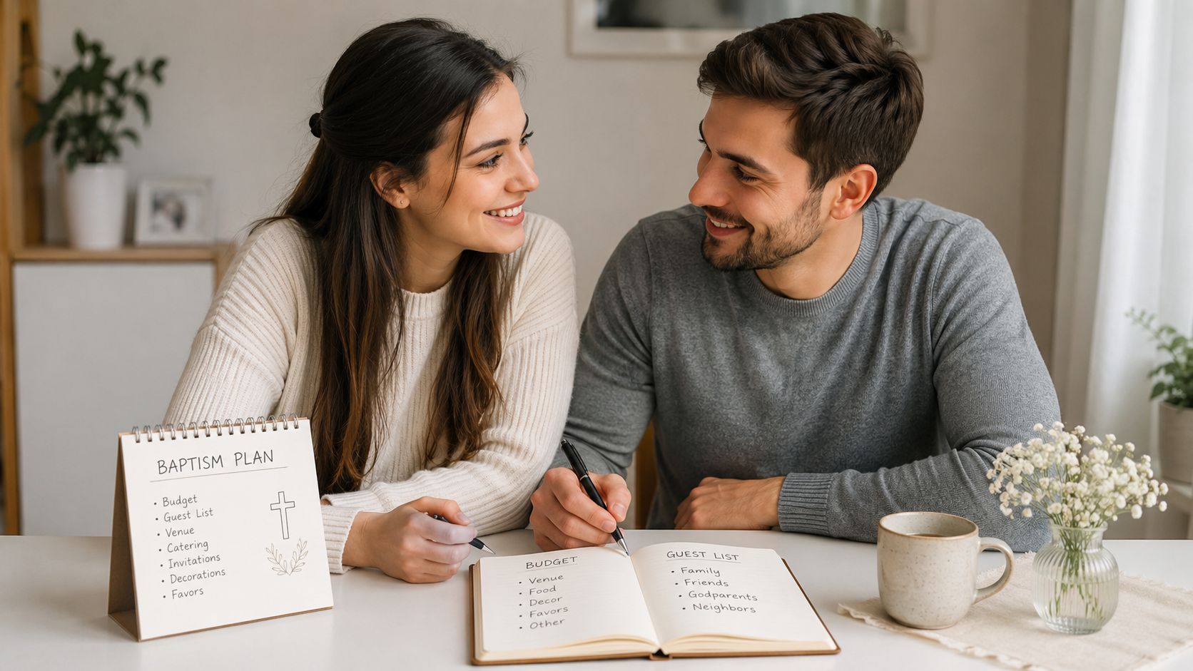 Una joven pareja feliz sentada a una mesa planeando los detalles para la celebración de un bautizo.