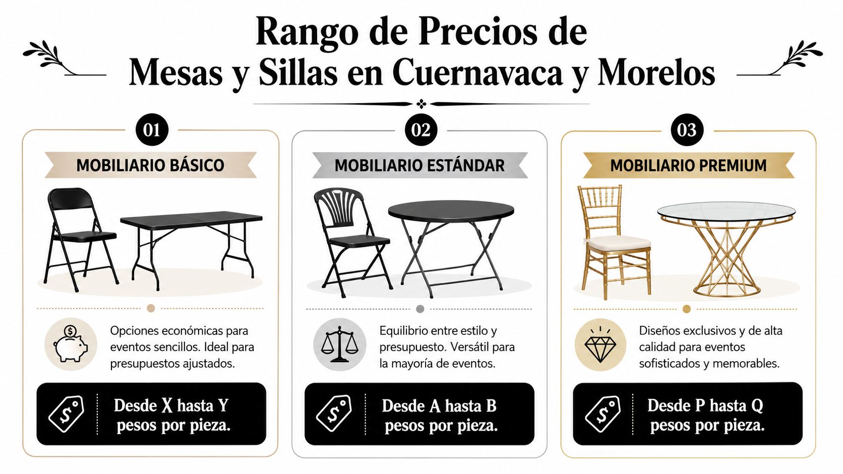 Tabla comparativa de precios para el alquiler de mesas y sillas en Cuernavaca, Morelos.