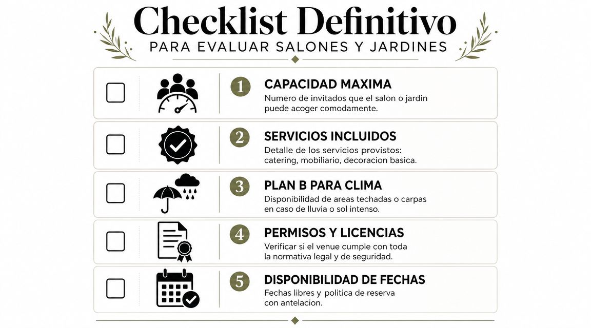 Lista de verificación definitiva para evaluar salones y jardines para eventos con cinco puntos clave importantes.