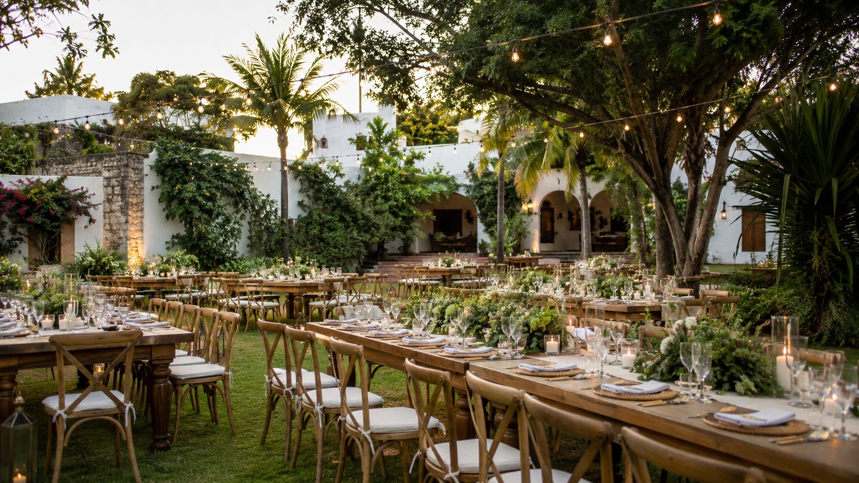 Mesas de banquete de madera decoradas con flores en un hermoso jardín para una boda al aire libre.