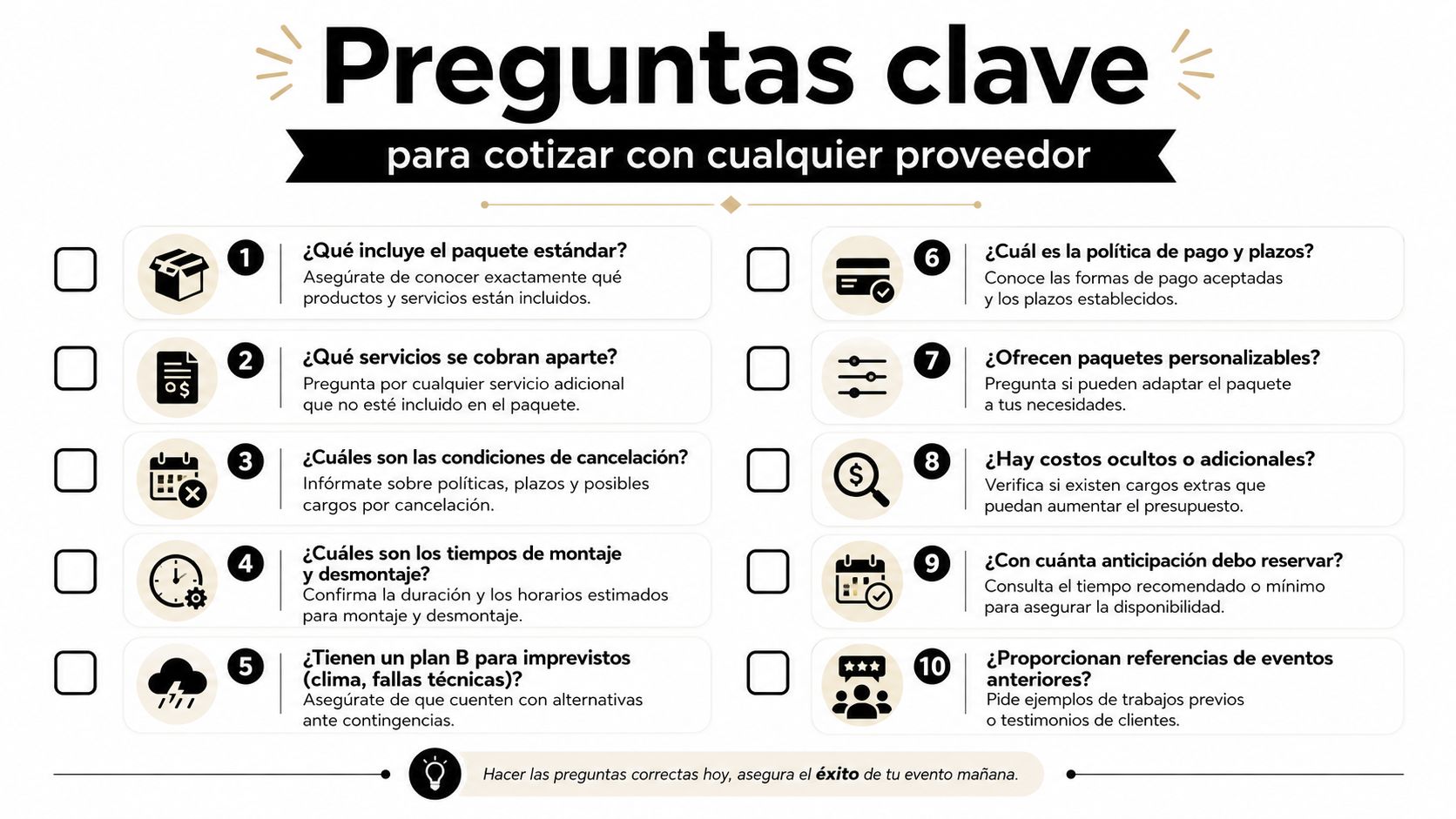 Infografía con diez preguntas clave en español para solicitar cotizaciones de servicios para eventos sociales.