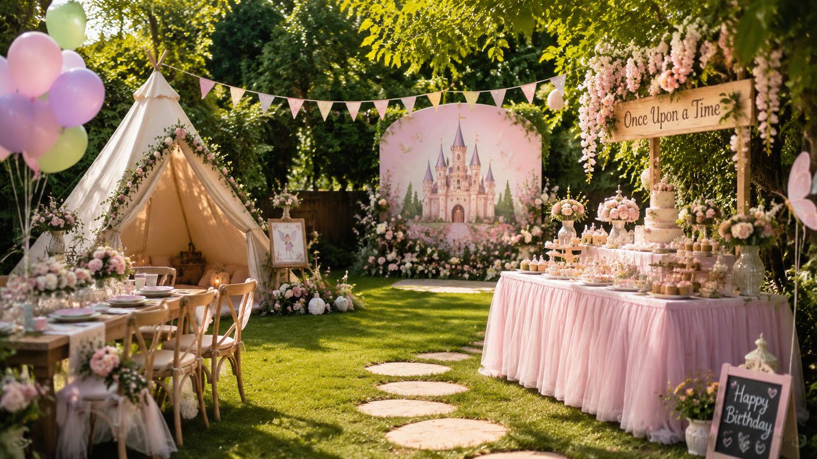 Decoración temática de cuento de hadas con un castillo, carpa y mesa de dulces para fiesta infantil