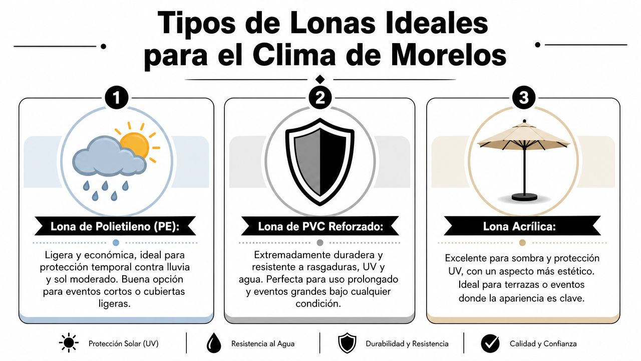 Infografía sobre los tres tipos de lonas ideales para protegerse del clima cambiante en Morelos.