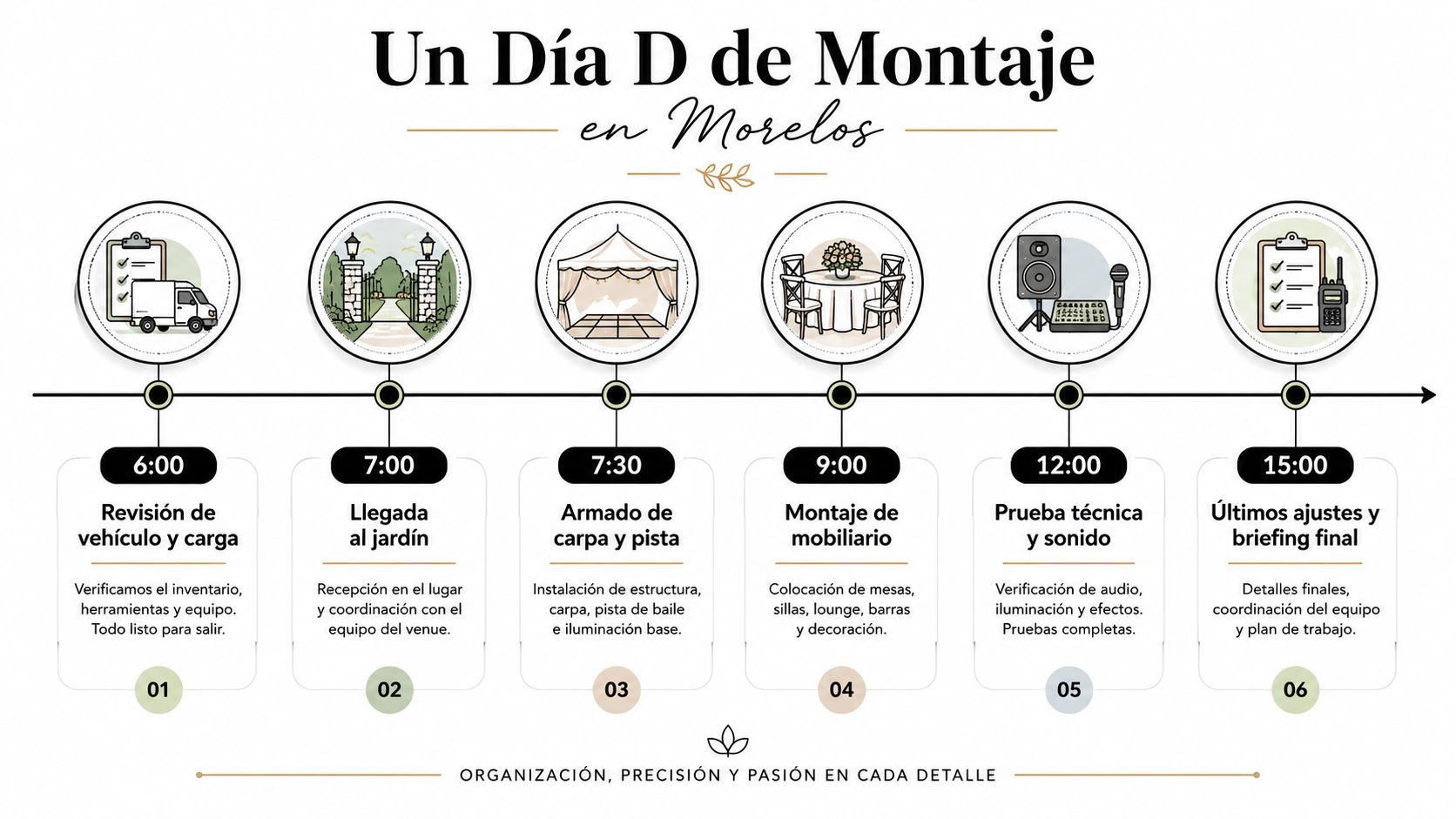 Cronograma detallado de un día de montaje para eventos en Morelos, organizando tareas desde las 6:00 hasta las 15:00.