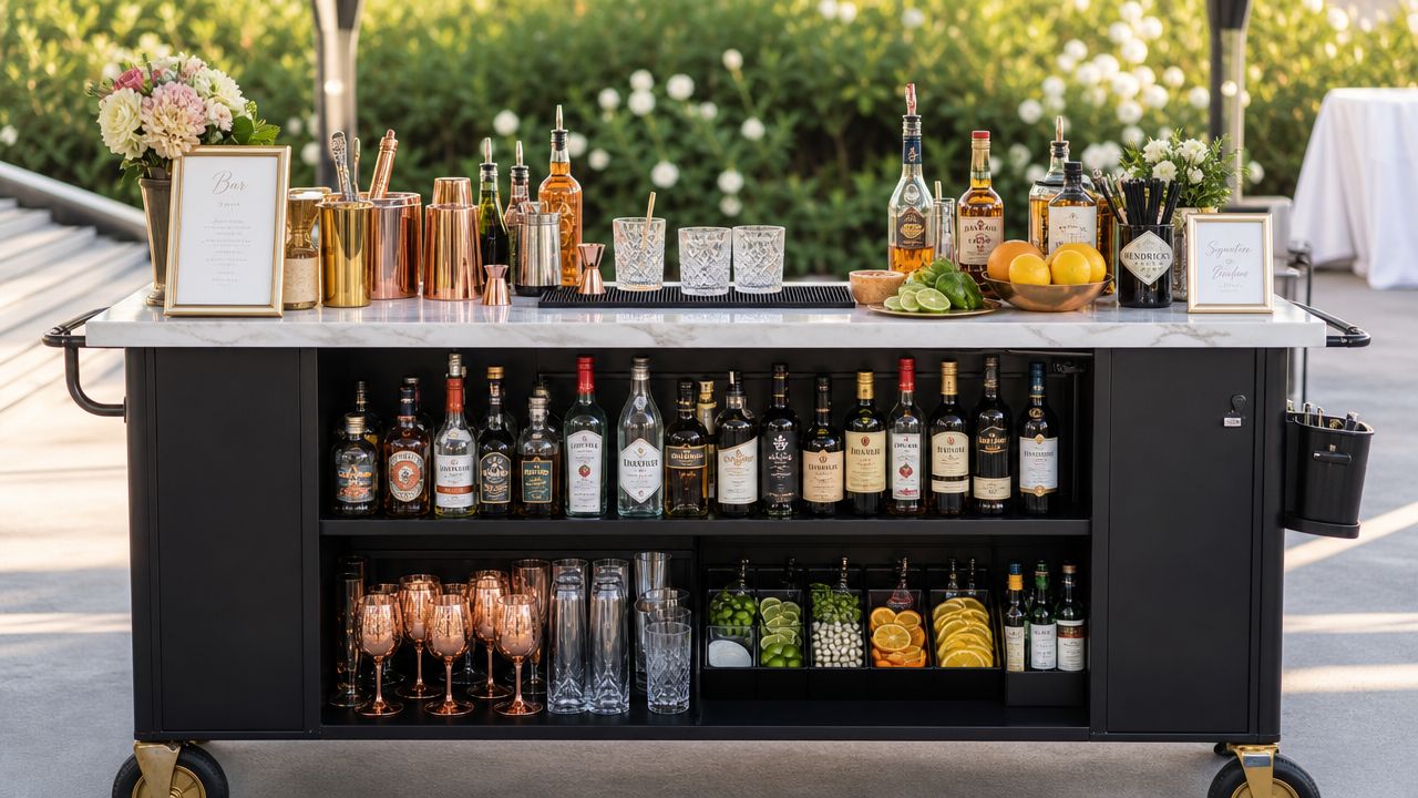 Bar móvil elegante para eventos al aire libre, equipado con botellas, copas y guarniciones frescas para cócteles.