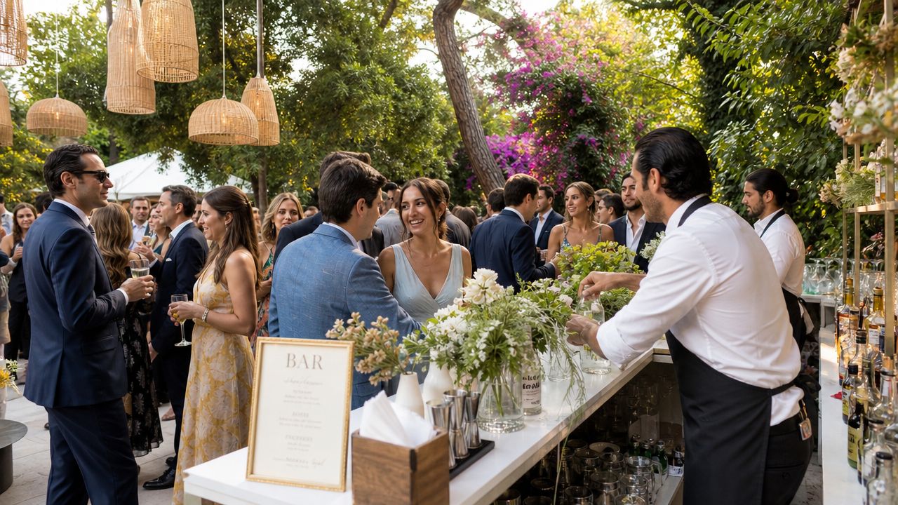 Invitados conversando animadamente frente a una barra de bebidas en una elegante recepción al aire libre.