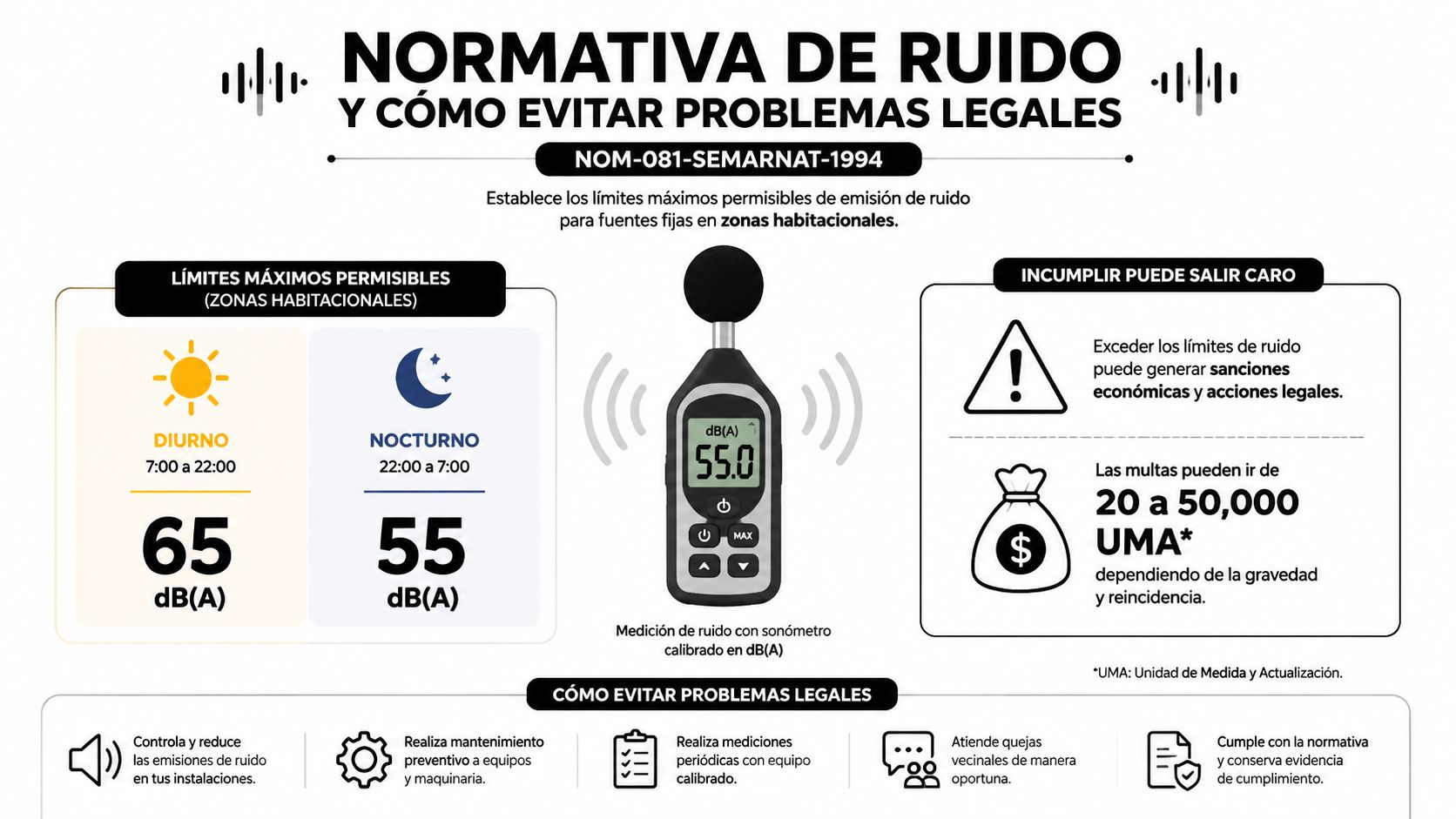 Infografía sobre la normativa mexicana NOM-081-SEMARNAT-1994 que establece límites máximos de ruido permitidos en zonas residenciales.
