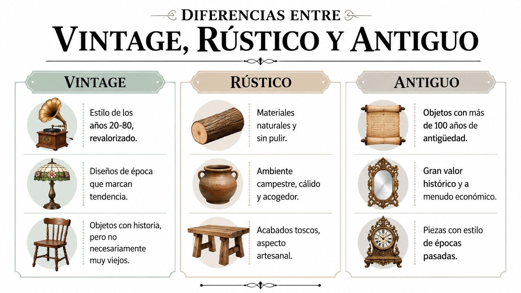 Infografía que explica las principales diferencias entre los estilos decorativos vintage, rústico y antiguo con ejemplos ilustrados.