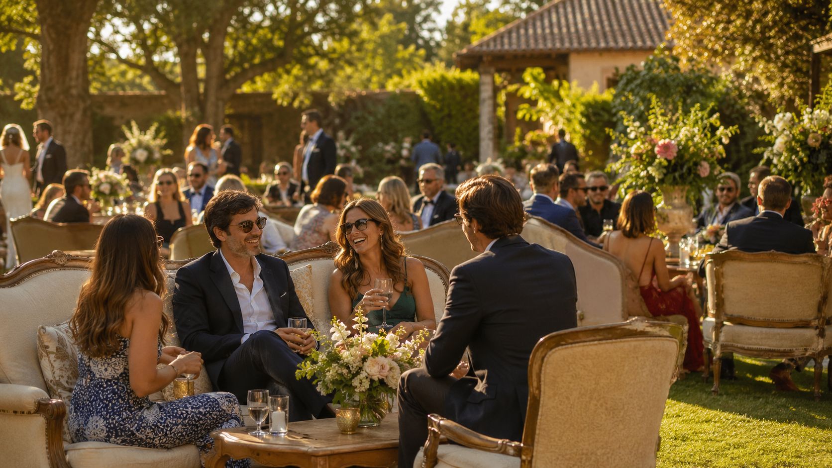 Grupo de amigos conversando alegremente en una elegante fiesta al aire libre con muebles de estilo vintage.