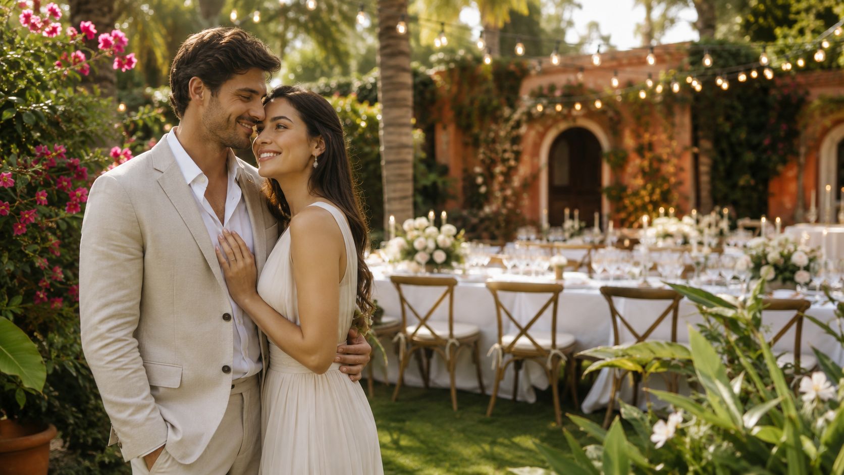 Una pareja felizmente comprometida celebra su boda al aire libre en un elegante jardín iluminado por luces.