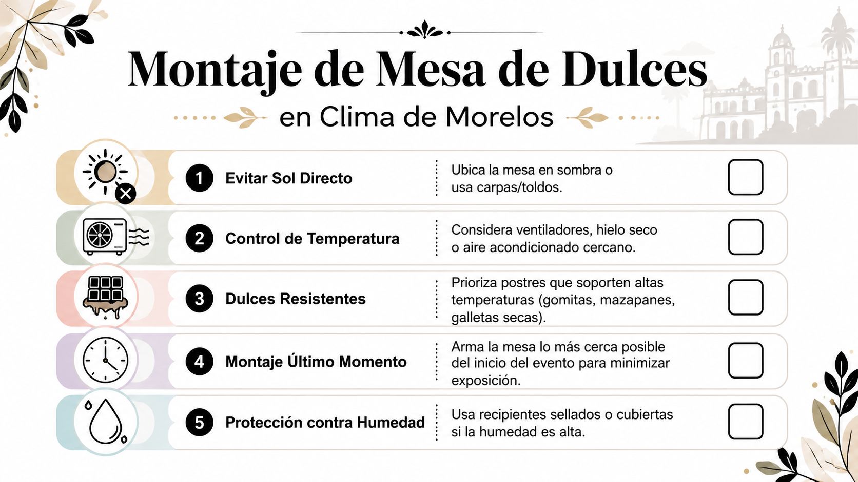 Infografía con cinco consejos esenciales para instalar una mesa de dulces en el clima cálido de Morelos.