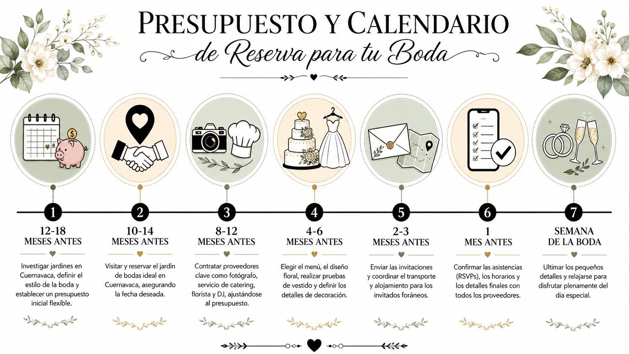 Infografía paso a paso con un calendario para planificar y presupuestar la reserva de una boda.