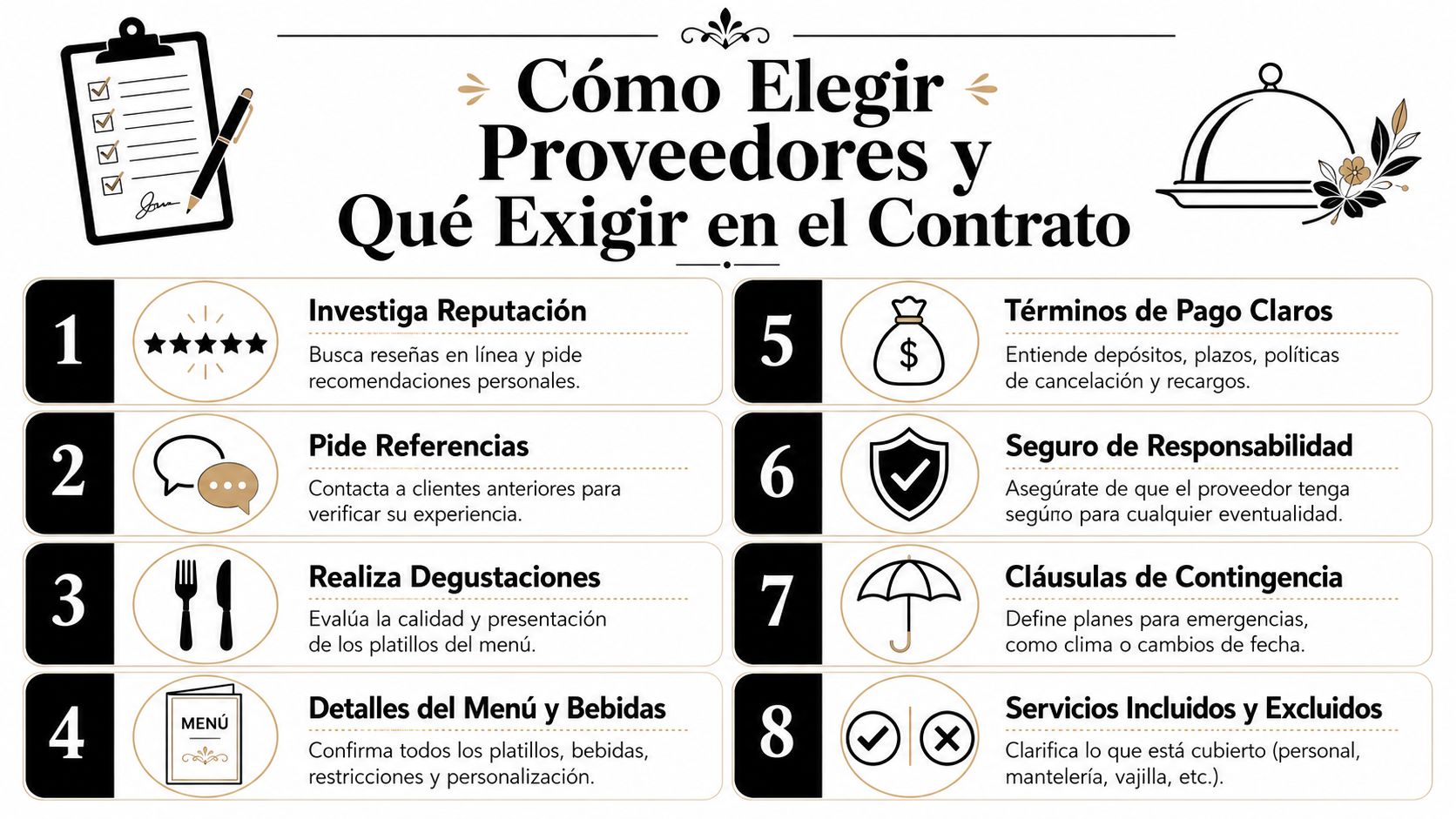 Infografía paso a paso sobre cómo elegir proveedores para eventos y qué incluir en el contrato formal.