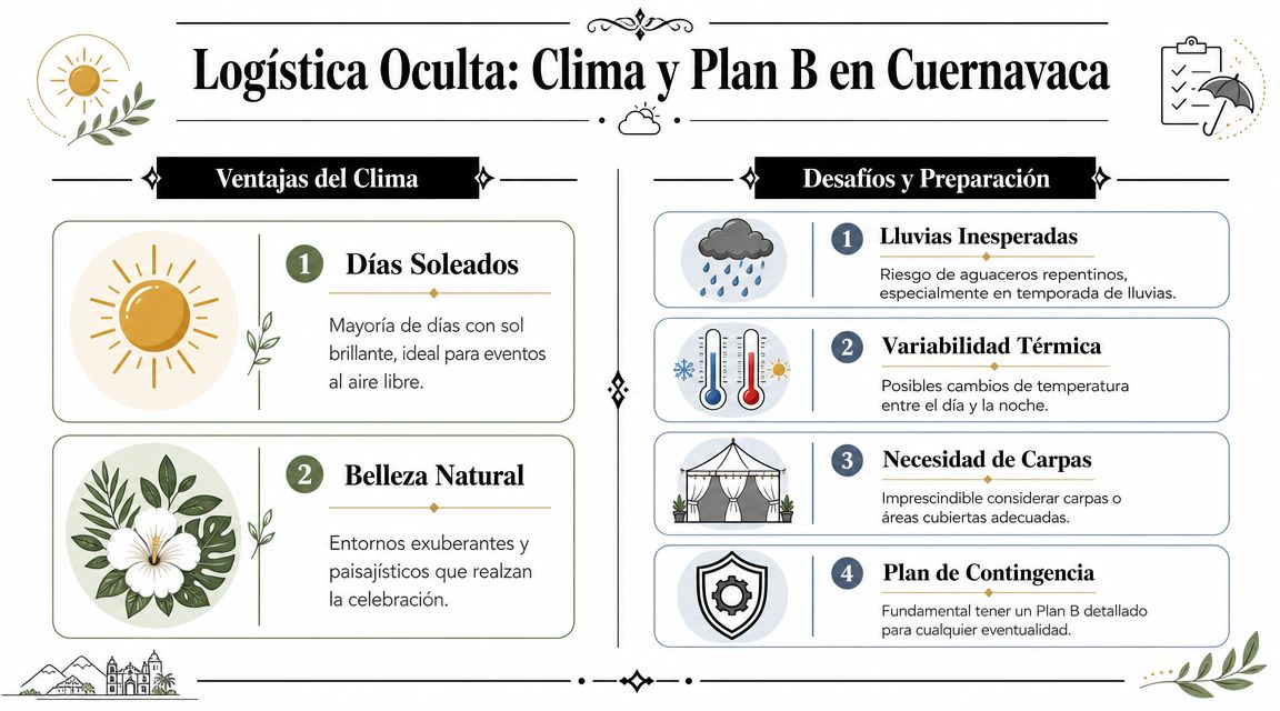 Infografía sobre logística, clima y planes de contingencia para eventos y bodas en Cuernavaca, México.