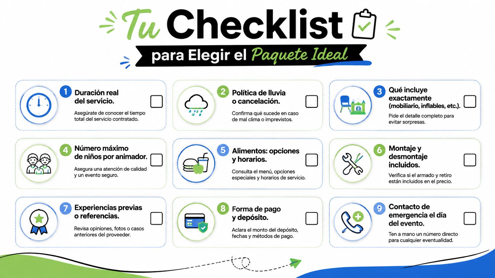 Lista de verificación numerada del uno al nueve con consejos esenciales para elegir paquetes de fiestas infantiles.