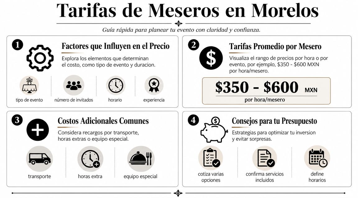 Infografía sobre los factores y costos promedio para contratar meseros para eventos en el estado de Morelos.