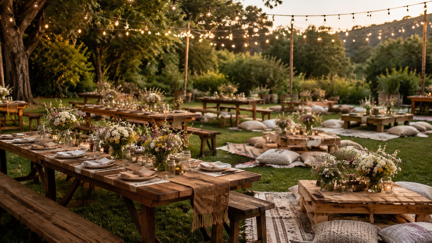 Configuración de mesas rústicas al aire libre con arreglos florales para eventos y bodas elegantes en jardín