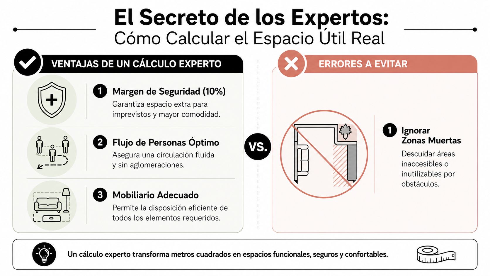 Infografía sobre cómo calcular el espacio útil real, mostrando ventajas de expertos frente a errores comunes.