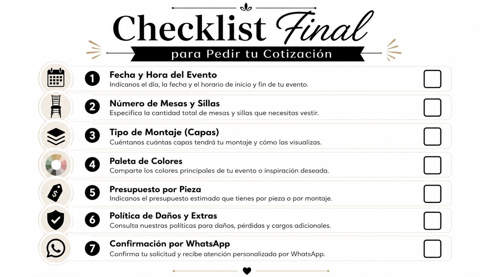 Lista de verificación para solicitar una cotización de servicios de mantelería para eventos sociales y bodas.