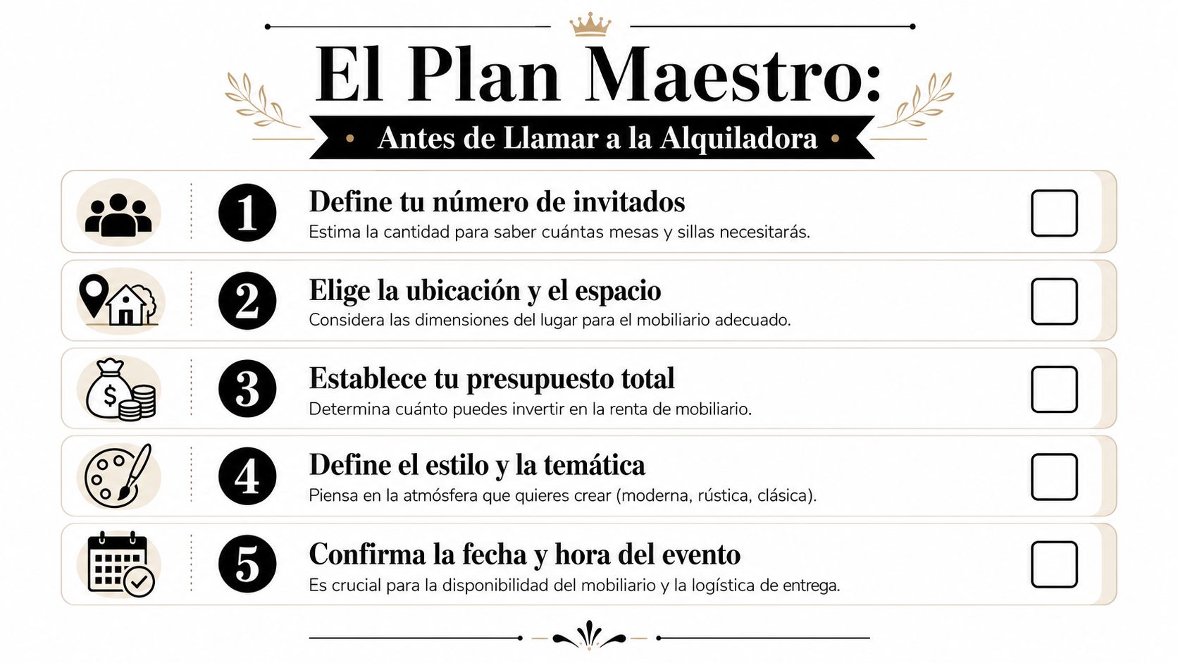 Lista de verificación numerada del plan maestro antes de solicitar servicios de renta de mobiliario para eventos.