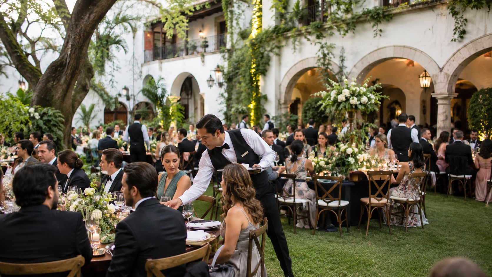 Un mesero atendiendo a los invitados durante una elegante boda al aire libre en un jardín histórico.
