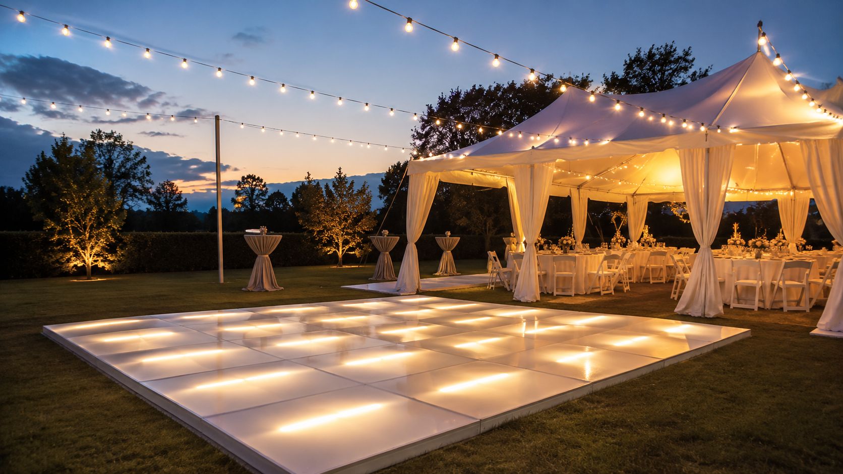 Una elegante pista de baile iluminada para bodas al aire libre durante un hermoso atardecer veraniego.