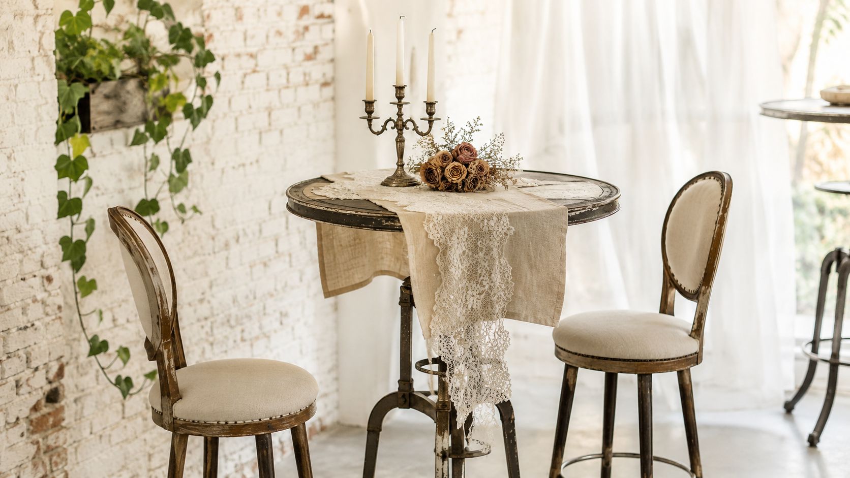 Una mesa redonda rústica decorada con un candelabro y flores secas junto a dos sillas elegantes.