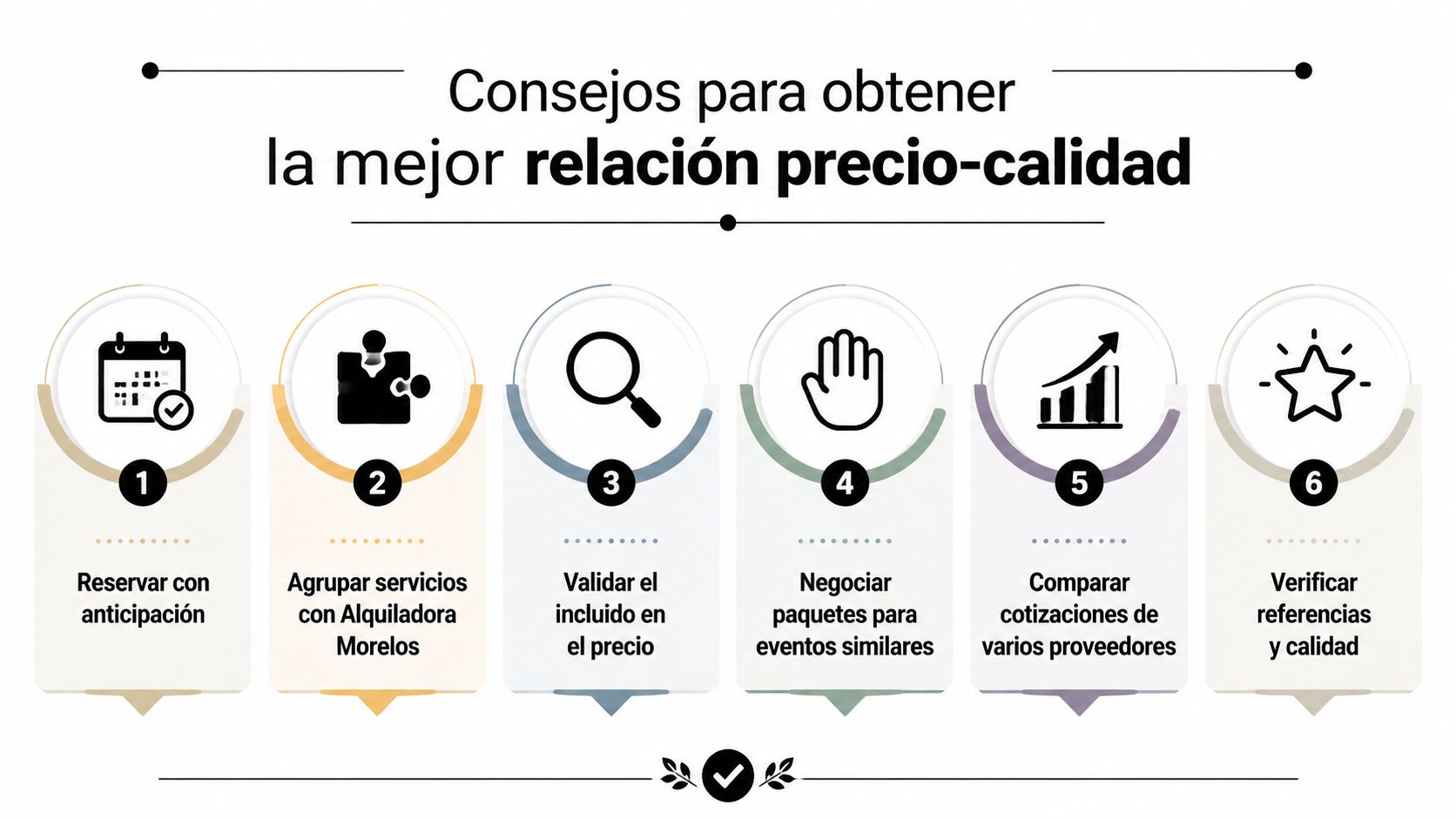 Infografía con seis consejos prácticos para obtener la mejor relación entre calidad y precio en servicios de eventos.