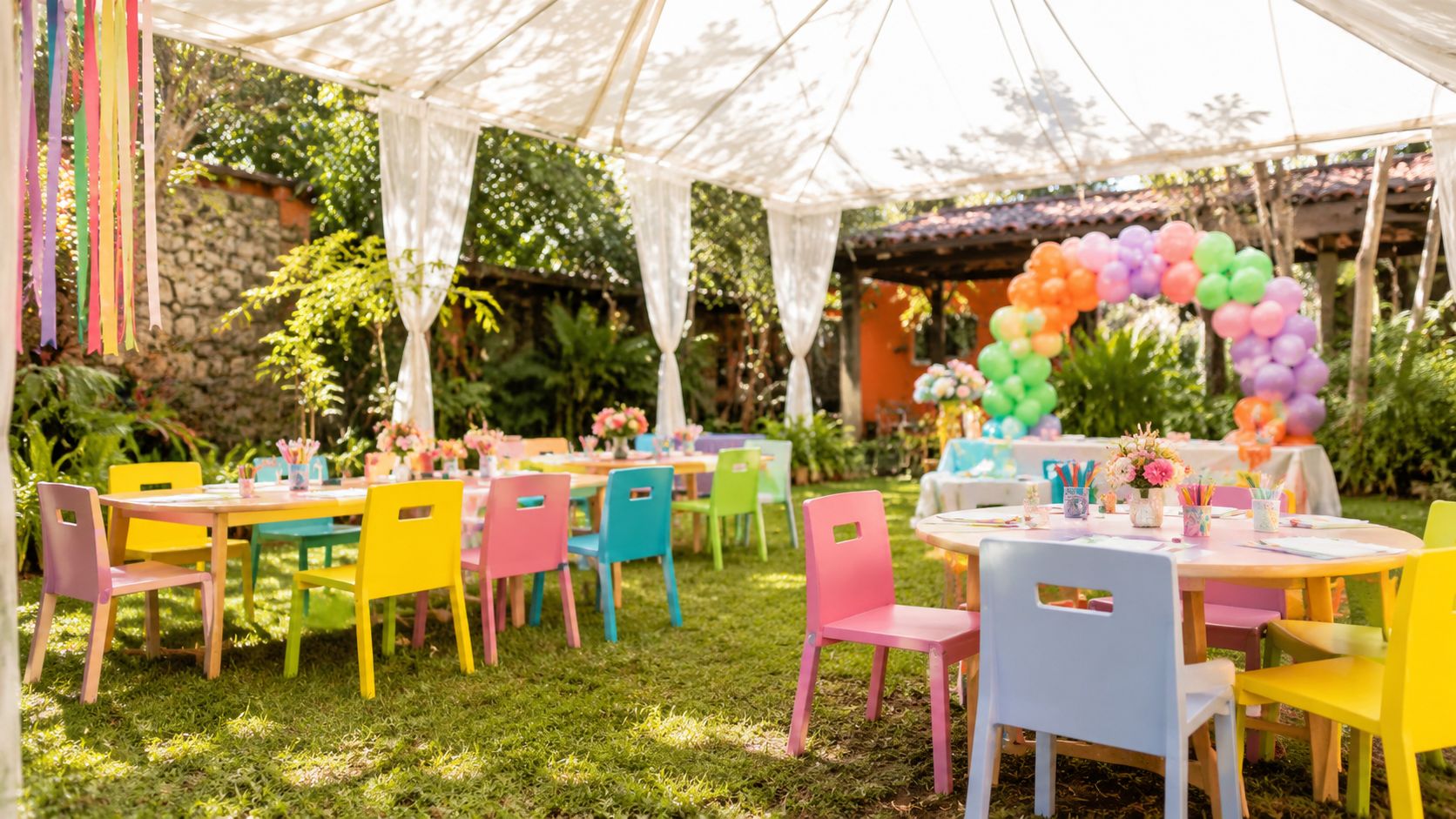 Decoración de jardín con mesas y sillas coloridas para fiesta de cumpleaños infantil al aire libre