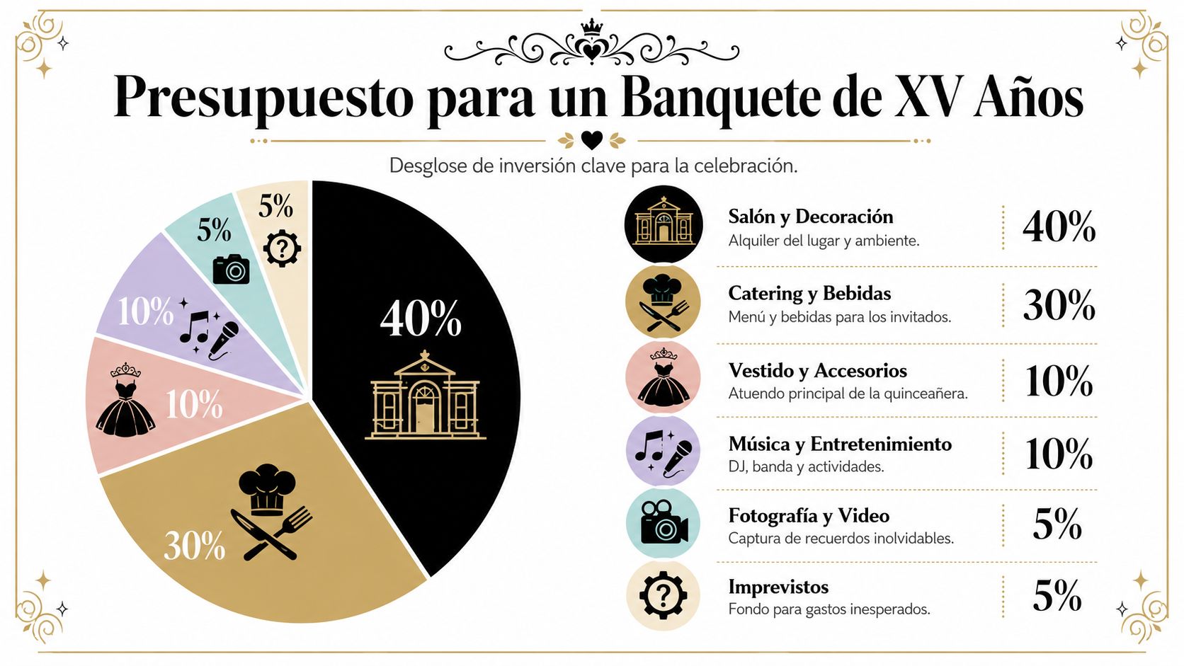 Gráfico de sectores que muestra el desglose del presupuesto para un banquete de fiesta de quince años.