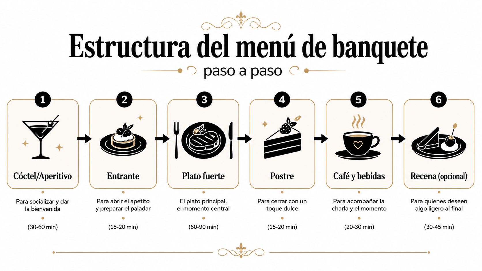 Infografía que muestra la estructura paso a paso de un menú de banquete con seis etapas.