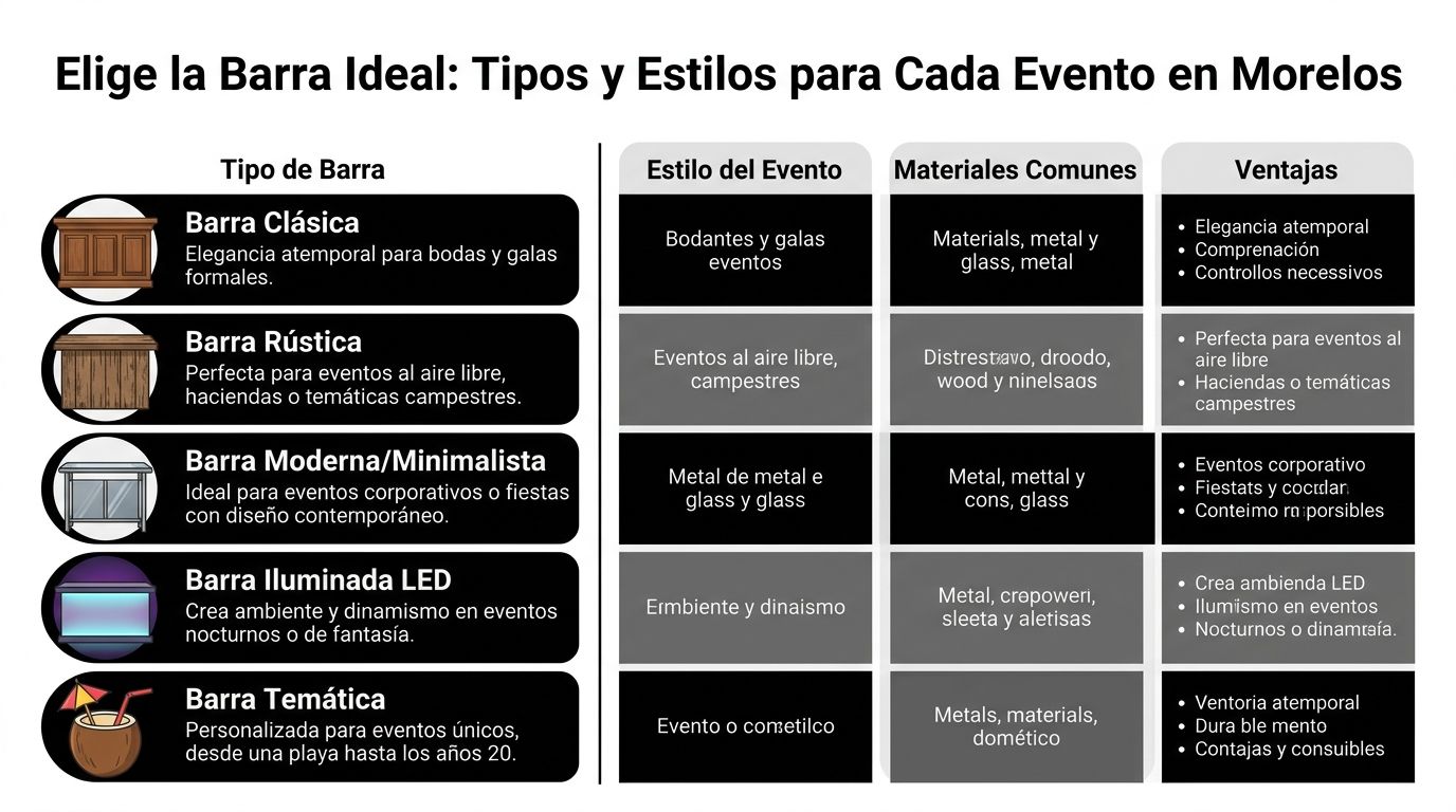 Tabla comparativa de tipos y estilos de barras para eventos sociales y corporativos en Morelos, México.
