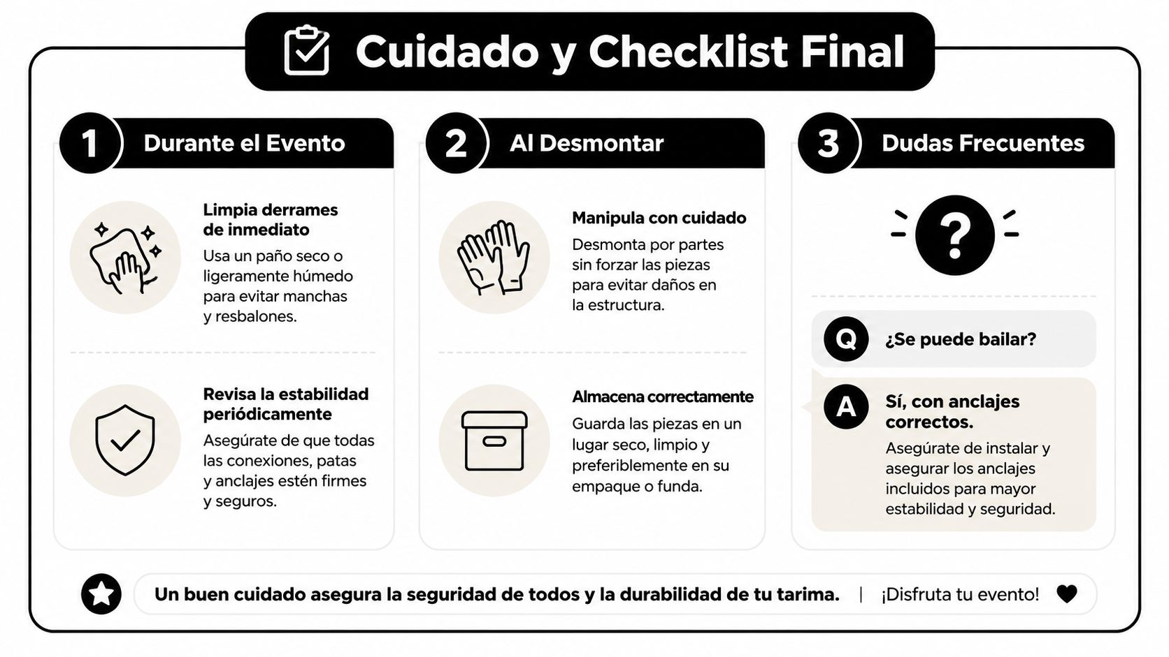 Guía informativa sobre el cuidado y mantenimiento de tarimas para eventos durante y después de su uso.