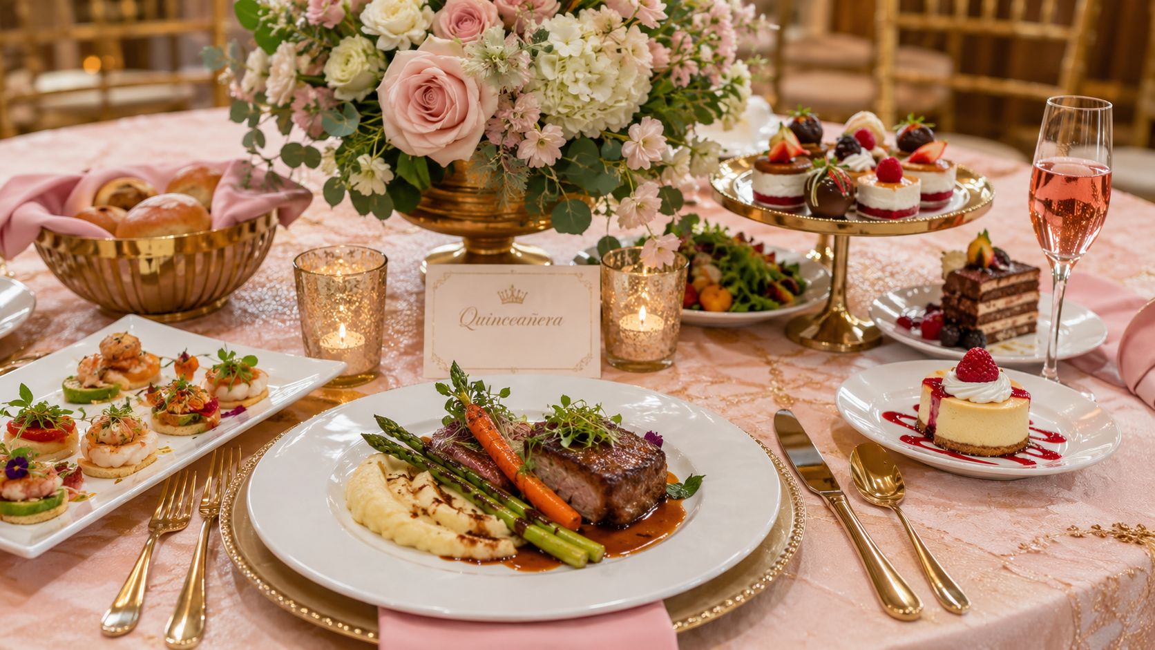 Una mesa elegantemente decorada para un banquete de Quinceañera con platos gourmet, postres y copas de champán.
