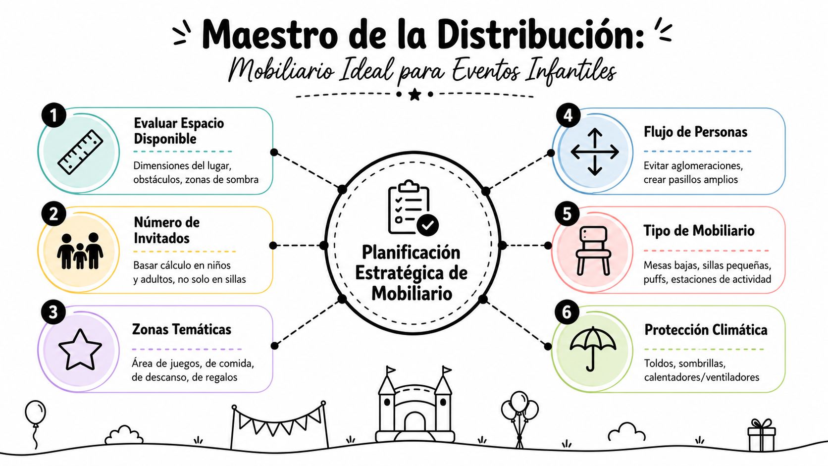 Infografía sobre la planificación estratégica de mobiliario para eventos infantiles, detallando seis pasos clave para una distribución efectiva.