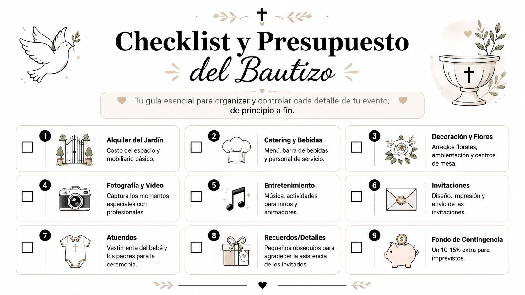 Lista de verificación organizada con nueve pasos esenciales para planificar y presupuestar la celebración de un bautizo.