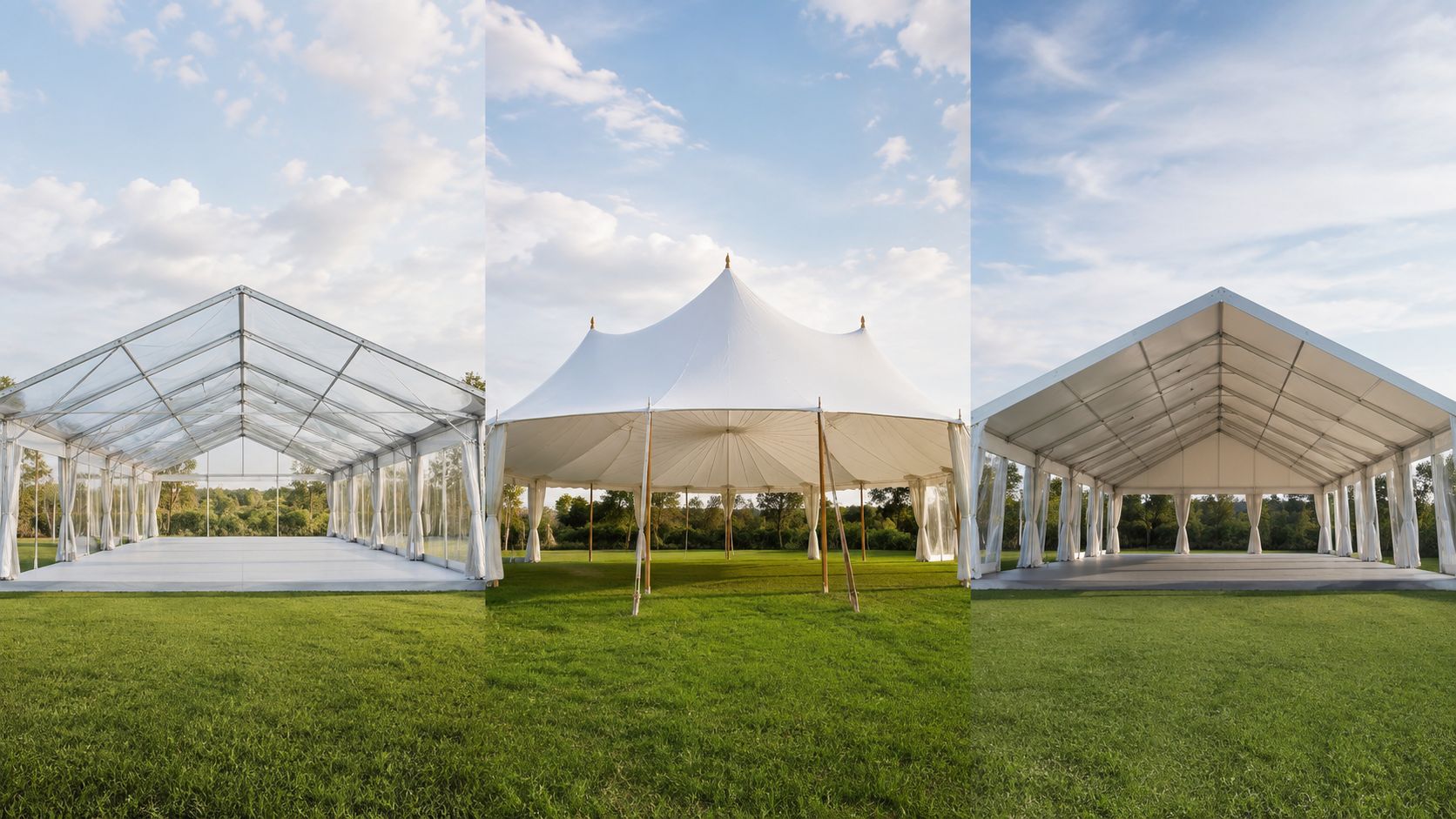 Tres diferentes tipos de carpas blancas para eventos situadas sobre un campo de césped verde bajo el cielo.