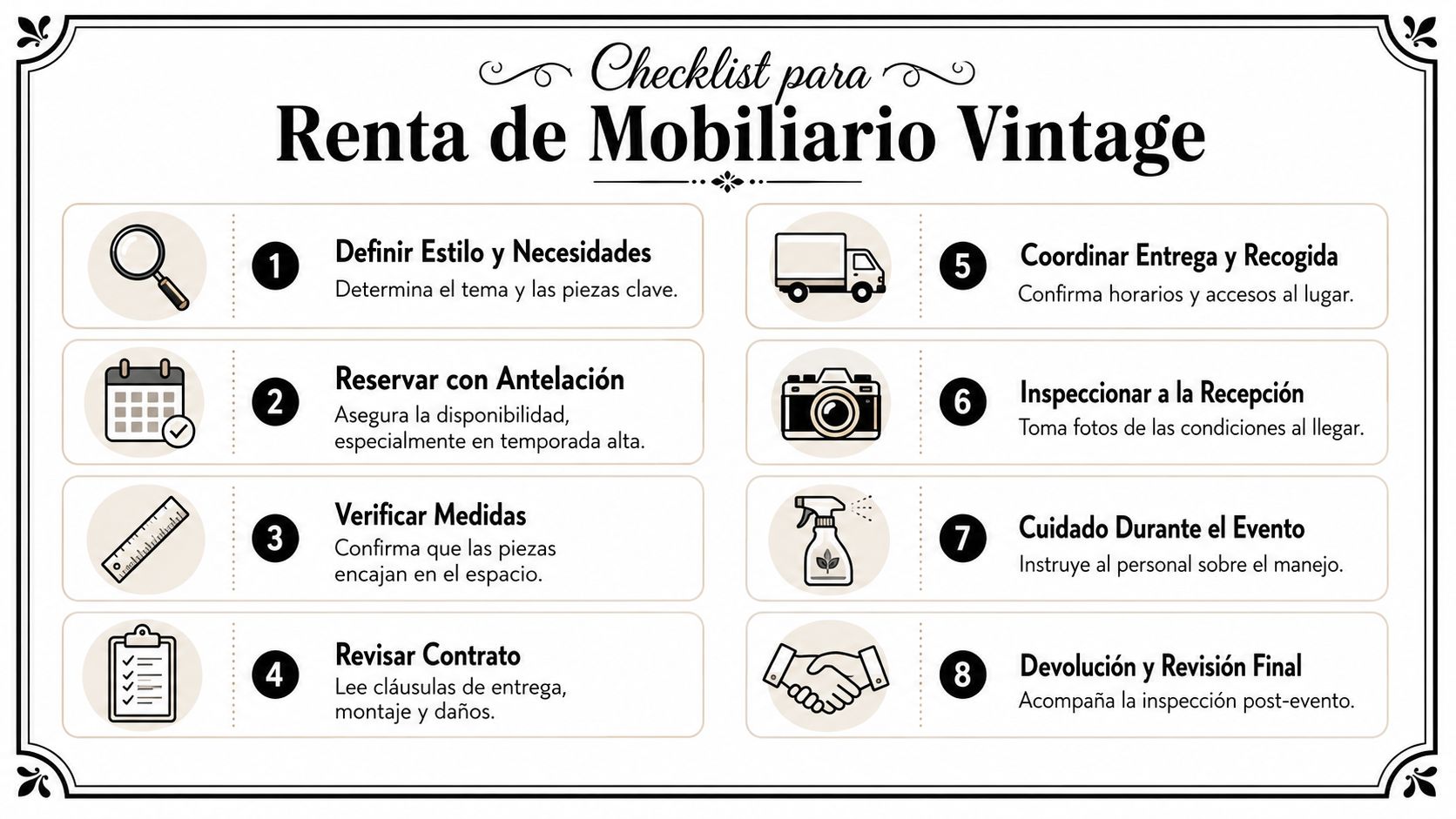 Lista de verificación para la renta de mobiliario vintage con ocho pasos clave para organizar eventos.