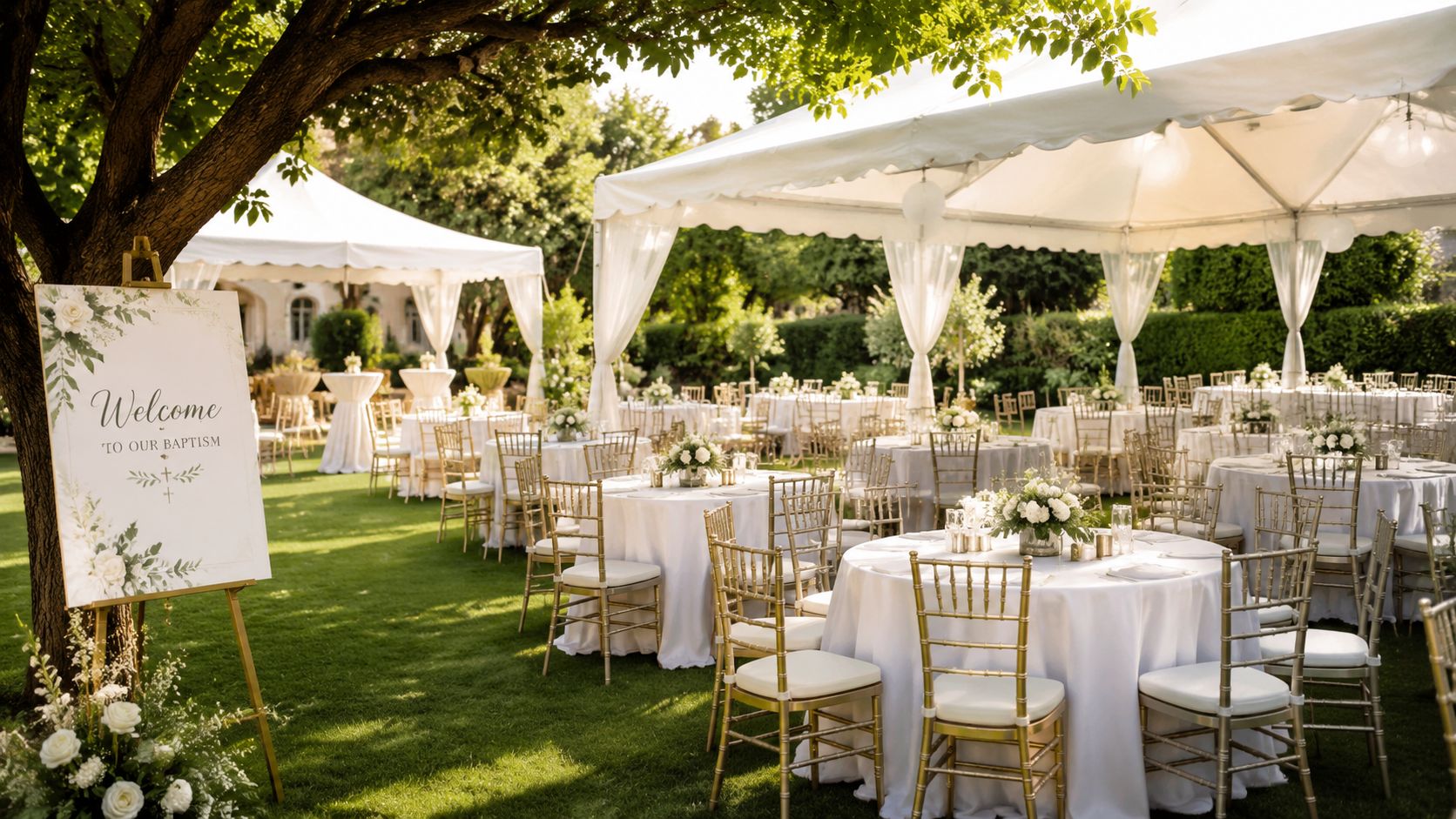 Decoración elegante para un bautizo al aire libre con mesas redondas, sillas doradas y un letrero de bienvenida.