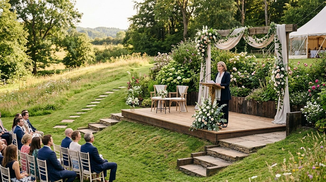 Una mujer dando un discurso frente a invitados en una boda al aire libre sobre un escenario.