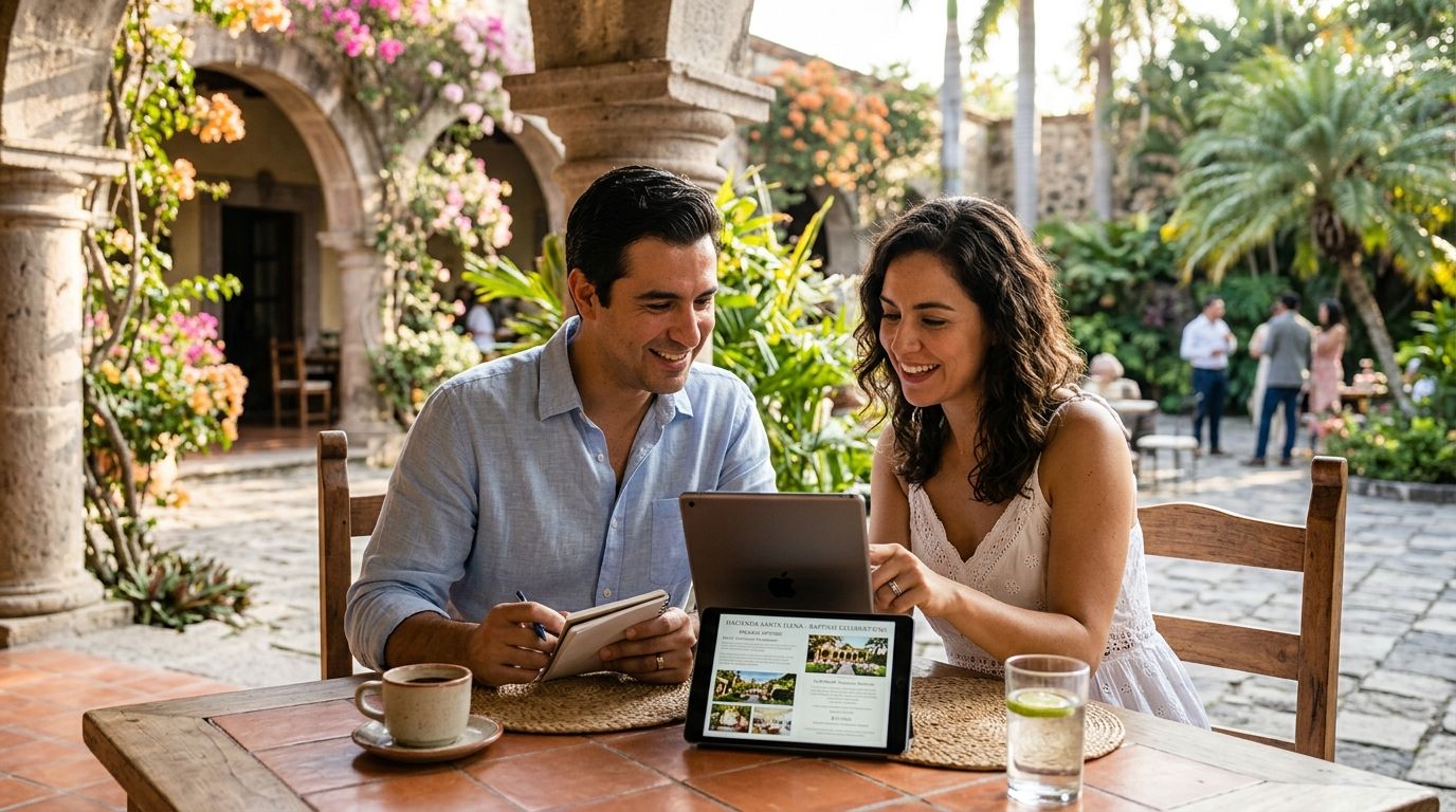 Una pareja feliz revisa paquetes de bautizos en una tablet mientras disfrutan de un café en un patio.