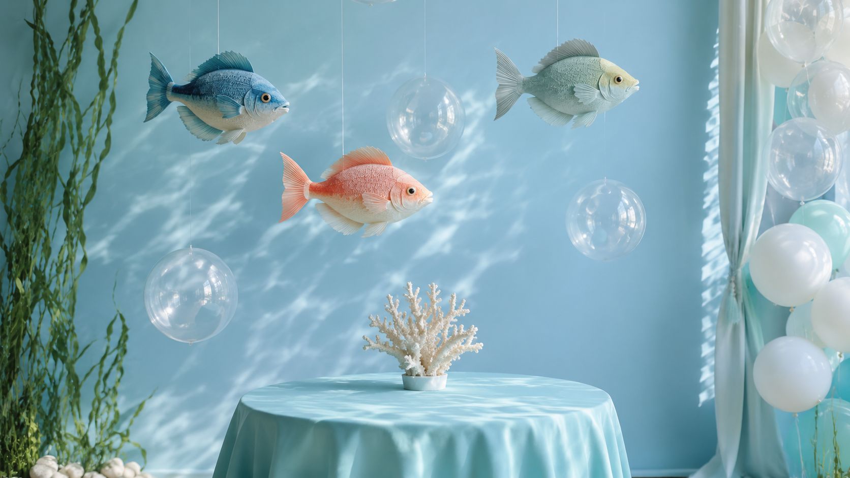 Decoración temática marina para fiestas infantiles con peces colgantes, globos transparentes, coral y un mantel azul.
