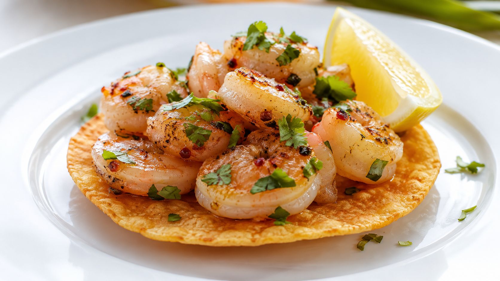 Una tostada crujiente con camarones a la parrilla, decorada con cilantro fresco y una rodaja de limón.