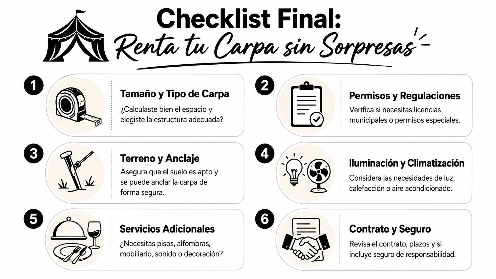 Lista de verificación informativa para la renta de carpas para eventos sin complicaciones ni sorpresas inesperadas.