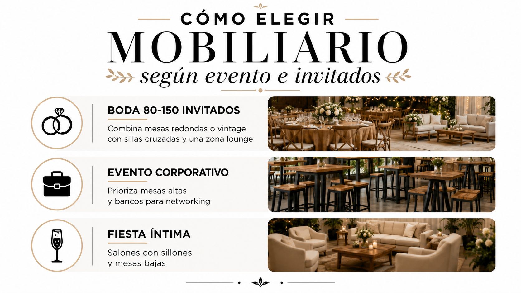 Infografía sobre cómo elegir el mobiliario adecuado para bodas, eventos corporativos y fiestas íntimas elegantes.