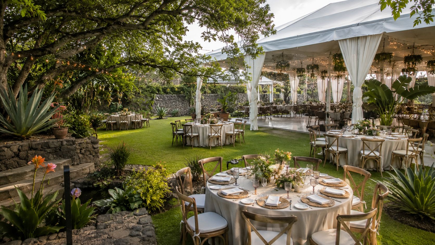 Elegante recepción de boda al aire libre con mesas decoradas bajo una carpa en un jardín amplio