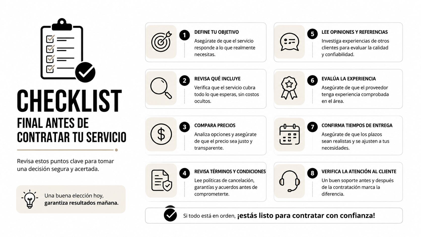 Lista de verificación informativa con ocho pasos esenciales para contratar servicios con total seguridad y confianza.