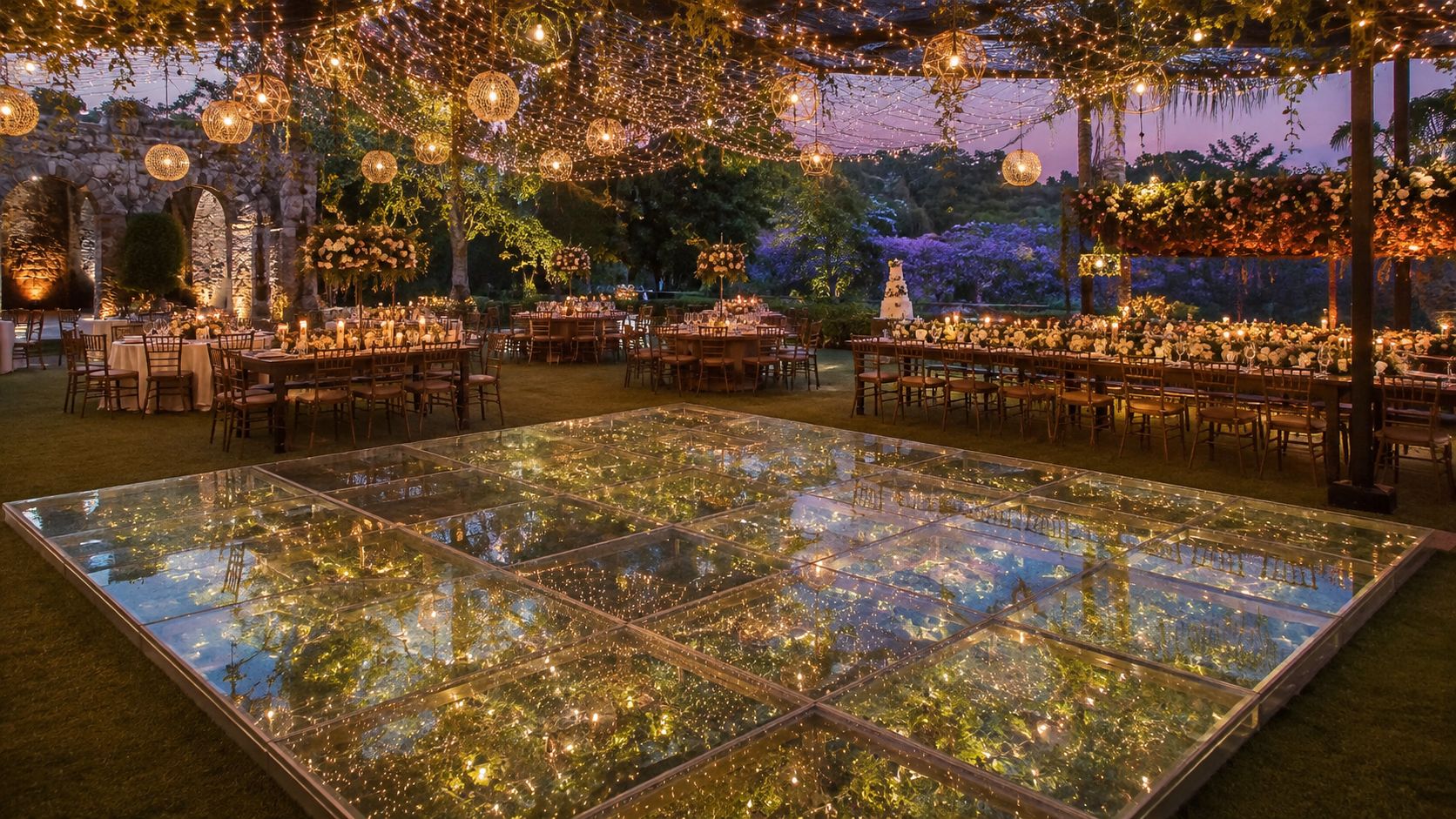 Impresionante pista de baile de cristal iluminada con luces en un elegante evento al aire libre nocturno.