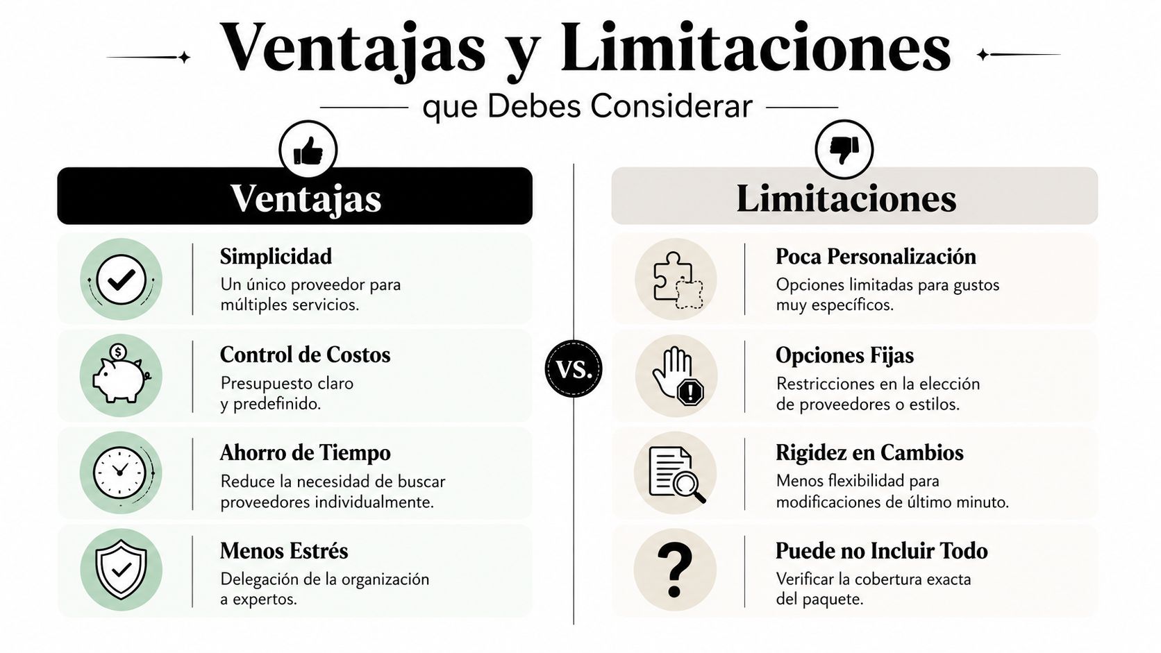 Infografía comparativa mostrando ventajas y limitaciones de contratar paquetes de boda todo incluido para eventos.