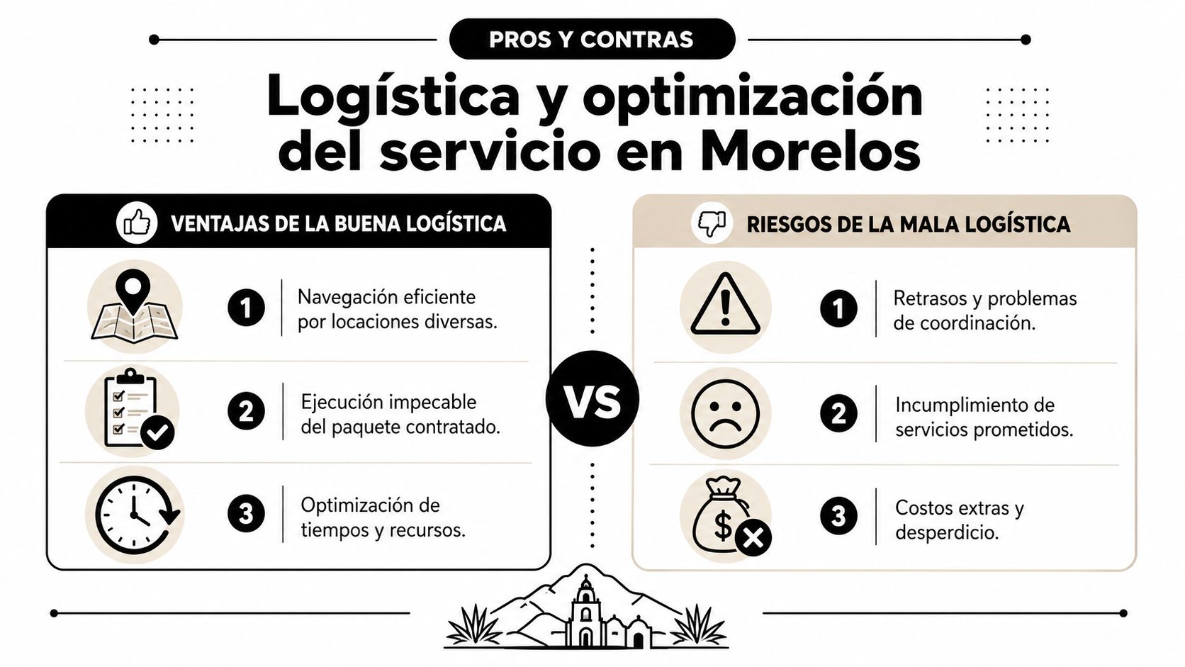 Infografía comparativa sobre los beneficios y riesgos de la logística para servicios profesionales en Morelos.